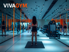 Sala de entrenamiento de un gimnasio VivaGym con una usuaria realizando ejercicio entre máquinas de fitness y zonas de entrenamiento funcional.