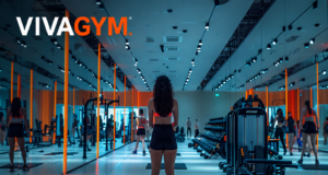 Sala de entrenamiento de un gimnasio VivaGym con una usuaria realizando ejercicio entre máquinas de fitness y zonas de entrenamiento funcional.