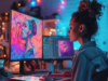 Artista digital creando una ilustración en un estudio de diseño con herramientas de edición gráfica, representando el crecimiento de la creatividad y la producción de contenidos digitales.