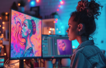 Artista digital creando una ilustración en un estudio de diseño con herramientas de edición gráfica, representando el crecimiento de la creatividad y la producción de contenidos digitales.