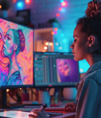 Llegada de Stim a Canarias: 100 empleos cualificados en el sector de la animación Artista digital creando una ilustración en un estudio de diseño con herramientas de edición gráfica, representando el crecimiento de la creatividad y la producción de contenidos digitales.