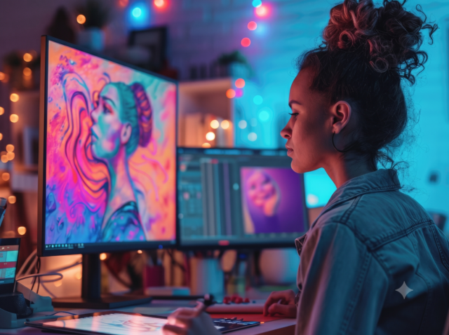 Artista digital creando una ilustración en un estudio de diseño con herramientas de edición gráfica, representando el crecimiento de la creatividad y la producción de contenidos digitales.