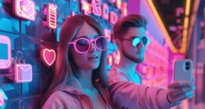 Dos jóvenes se hacen un selfi rodeados de iconos de redes sociales iluminados con luces de neón, una imagen que representa el auge de los influencers y la publicidad digital.