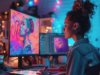 Artista digital creando una ilustración en un estudio de diseño con herramientas de edición gráfica, representando el crecimiento de la creatividad y la producción de contenidos digitales.