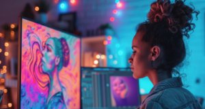 Llegada de Stim a Canarias: 100 empleos cualificados en el sector de la animación Artista digital creando una ilustración en un estudio de diseño con herramientas de edición gráfica, representando el crecimiento de la creatividad y la producción de contenidos digitales.