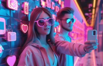 La CNMC estrecha el cerco sobre la publicidad encubierta de los influencers Dos jóvenes se hacen un selfi rodeados de iconos de redes sociales iluminados con luces de neón, una imagen que representa el auge de los influencers y la publicidad digital.