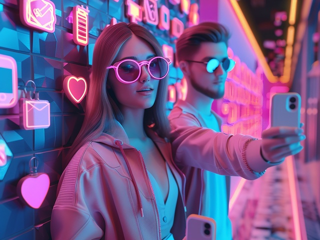 influencers Dos jóvenes se hacen un selfi rodeados de iconos de redes sociales iluminados con luces de neón, una imagen que representa el auge de los influencers y la publicidad digital.