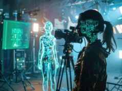 La IA acelera la producción audiovisual, pero abre nuevos riesgos para el empleo y la autonomía del sector Profesional del sector audiovisual en un plató de grabación junto a un modelo de inteligencia artificial y equipos de producción digital