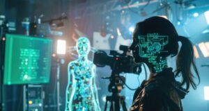 Profesional del sector audiovisual en un plató de grabación junto a un modelo de inteligencia artificial y equipos de producción digital