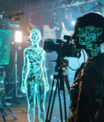 La IA acelera la producción audiovisual, pero abre nuevos riesgos para el empleo y la autonomía del sector Profesional del sector audiovisual en un plató de grabación junto a un modelo de inteligencia artificial y equipos de producción digital