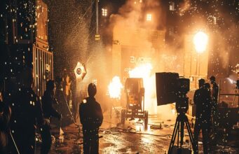 Rodaje cinematográfico con efectos especiales de explosiones y chispas, mientras el equipo técnico trabaja entre cámaras, focos y medidas de seguridad en un set de filmación nocturno.