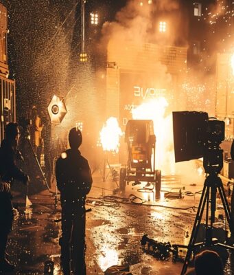 UGT Audiovisuales se suma al manifiesto internacional para reforzar la seguridad y salud laboral en los rodajes Rodaje cinematográfico con efectos especiales de explosiones y chispas, mientras el equipo técnico trabaja entre cámaras, focos y medidas de seguridad en un set de filmación nocturno.