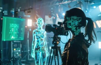 Profesional del sector audiovisual en un plató de grabación junto a un modelo de inteligencia artificial y equipos de producción digital