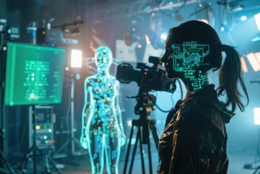 La IA acelera la producción audiovisual, pero abre nuevos riesgos para el empleo y la autonomía del sector Profesional del sector audiovisual en un plató de grabación junto a un modelo de inteligencia artificial y equipos de producción digital