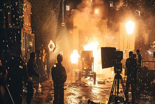 UGT Audiovisuales se suma al manifiesto internacional para reforzar la seguridad y salud laboral en los rodajes Rodaje cinematográfico con efectos especiales de explosiones y chispas, mientras el equipo técnico trabaja entre cámaras, focos y medidas de seguridad en un set de filmación nocturno.