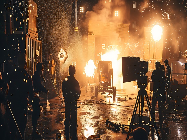especialista_640x480 Rodaje cinematográfico con efectos especiales de explosiones y chispas, mientras el equipo técnico trabaja entre cámaras, focos y medidas de seguridad en un set de filmación nocturno.