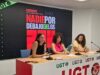 Belén Guirao, portavoz de RUGE (Revolución Ugetista - Juventud); Noelia Olivar, responsable de sector de UGT Deportes técnica deportiva y delegada sindical; Carolina Martín, responsable de Negociación Colectiva de UGT Deportes, durante la presentación de la campaña "Nadie por debajo de los 20K"