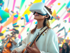 Mujer toca la guitarra con un visor de realidad virtual, una imagen que ilustra el avance de la inteligencia artificial en las industrias culturales.