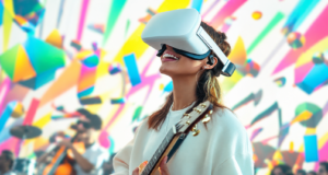 Mujer toca la guitarra con un visor de realidad virtual, una imagen que ilustra el avance de la inteligencia artificial en las industrias culturales.