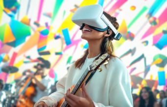 La IA avanza en la cultura y amenaza el empleo creativo Mujer toca la guitarra con un visor de realidad virtual, una imagen que ilustra el avance de la inteligencia artificial en las industrias culturales.