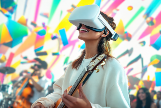 La IA avanza en la cultura y amenaza el empleo creativo Mujer toca la guitarra con un visor de realidad virtual, una imagen que ilustra el avance de la inteligencia artificial en las industrias culturales.