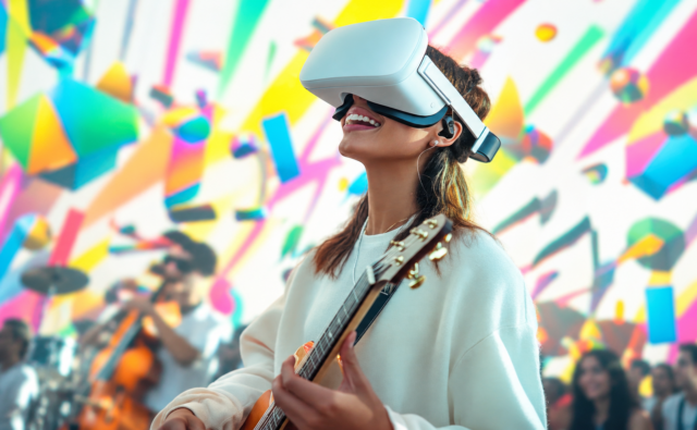 Mujer toca la guitarra con un visor de realidad virtual, una imagen que ilustra el avance de la inteligencia artificial en las industrias culturales.