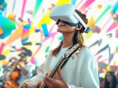 La IA avanza en la cultura y amenaza el empleo creativo Mujer toca la guitarra con un visor de realidad virtual, una imagen que ilustra el avance de la inteligencia artificial en las industrias culturales.