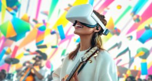 La IA avanza en la cultura y amenaza el empleo creativo Mujer toca la guitarra con un visor de realidad virtual, una imagen que ilustra el avance de la inteligencia artificial en las industrias culturales.