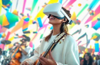 La IA avanza en la cultura y amenaza el empleo creativo Mujer toca la guitarra con un visor de realidad virtual, una imagen que ilustra el avance de la inteligencia artificial en las industrias culturales.
