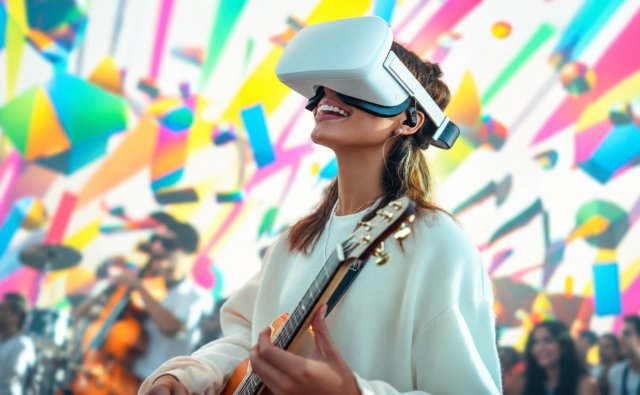 Imagen de ChatGPT 29 sept 2026, 13_37_49 Mujer toca la guitarra con un visor de realidad virtual, una imagen que ilustra el avance de la inteligencia artificial en las industrias culturales.
