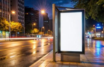 Atresmedia entra en la publicidad exterior con AMVIA para diversificar sus ingresos Marquesina publicitaria iluminada en una calle urbana de noche, imagen ilustrativa de la publicidad exterior.