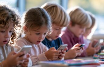 La UE propone limitar las redes sociales a menores y frenar su diseño adictivo Niños consultan sus teléfonos móviles en una mesa escolar, una escena relacionada con la propuesta europea para proteger a los menores en Internet.