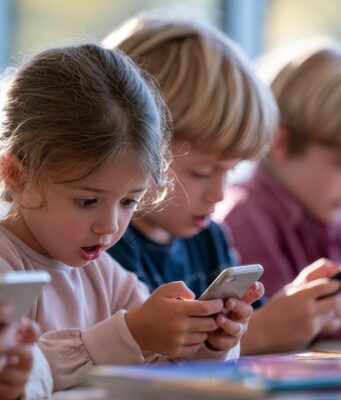 La UE propone limitar las redes sociales a menores y frenar su diseño adictivo Niños consultan sus teléfonos móviles en una mesa escolar, una escena relacionada con la propuesta europea para proteger a los menores en Internet.