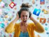 Mujer con auriculares expresa angustia ante símbolos de redes sociales; imagen sobre el impacto psicológico de moderar contenidos violentos.