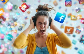La salud mental de quienes moderan las redes también es un riesgo laboral Mujer con auriculares expresa angustia ante símbolos de redes sociales; imagen sobre el impacto psicológico de moderar contenidos violentos.