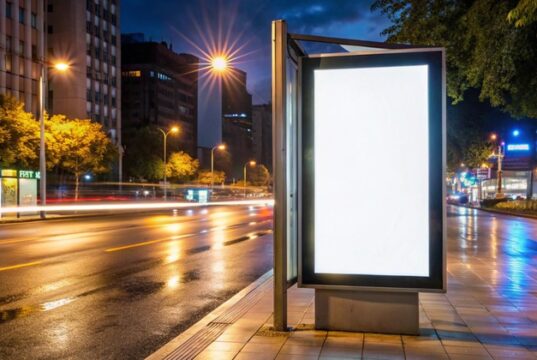 Marquesina publicitaria iluminada en una calle urbana de noche, imagen ilustrativa de la publicidad exterior.