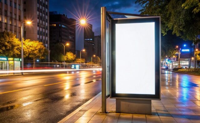 AMVIA_publicidad_exterior_680x420 Marquesina publicitaria iluminada en una calle urbana de noche, imagen ilustrativa de la publicidad exterior.