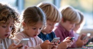 La UE propone limitar las redes sociales a menores y frenar su diseño adictivo Niños consultan sus teléfonos móviles en una mesa escolar, una escena relacionada con la propuesta europea para proteger a los menores en Internet.