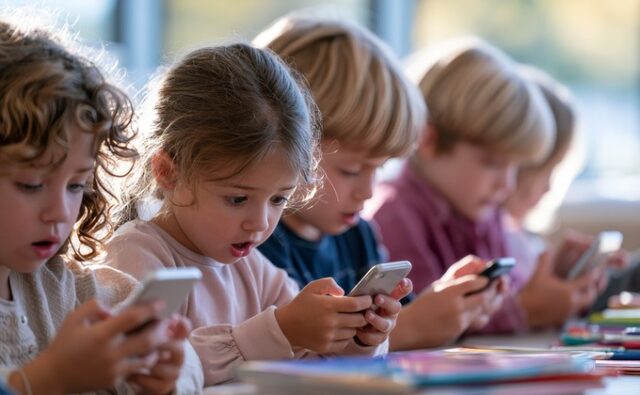 recorte-eu-kids-act-680x420 Niños consultan sus teléfonos móviles en una mesa escolar, una escena relacionada con la propuesta europea para proteger a los menores en Internet.