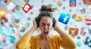 La salud mental de quienes moderan las redes también es un riesgo laboral Mujer con auriculares expresa angustia ante símbolos de redes sociales; imagen sobre el impacto psicológico de moderar contenidos violentos.