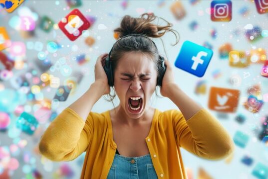 La salud mental de quienes moderan las redes también es un riesgo laboral Mujer con auriculares expresa angustia ante símbolos de redes sociales; imagen sobre el impacto psicológico de moderar contenidos violentos.