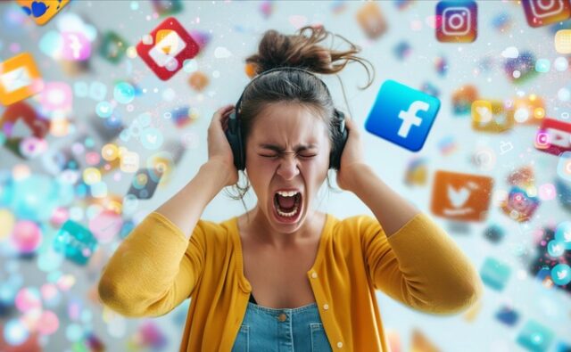 recorte-moderacion-contenidos-680x420 Mujer con auriculares expresa angustia ante símbolos de redes sociales; imagen sobre el impacto psicológico de moderar contenidos violentos.