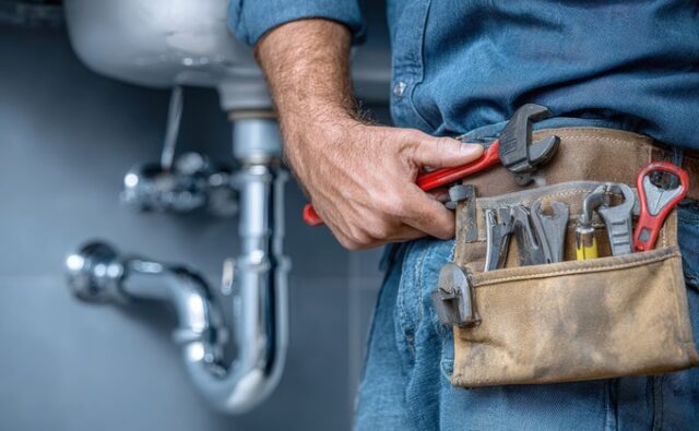 recorte-periodismo-ia-680x420 Fontanero con camiseta azul sostiene una llave inglesa junto a un lavabo y varias herramientas.